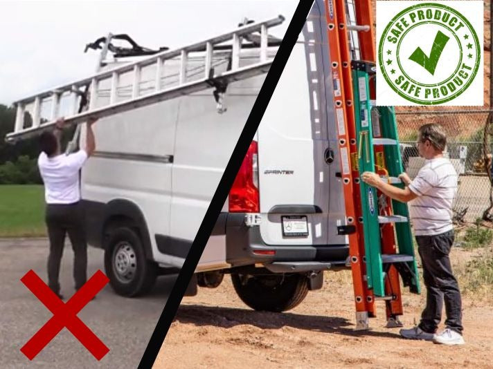 Two images showing a person loading a ladder onto a commercial van incorrectly from the side and correctly from the rear, with a 'Safe Product' label.