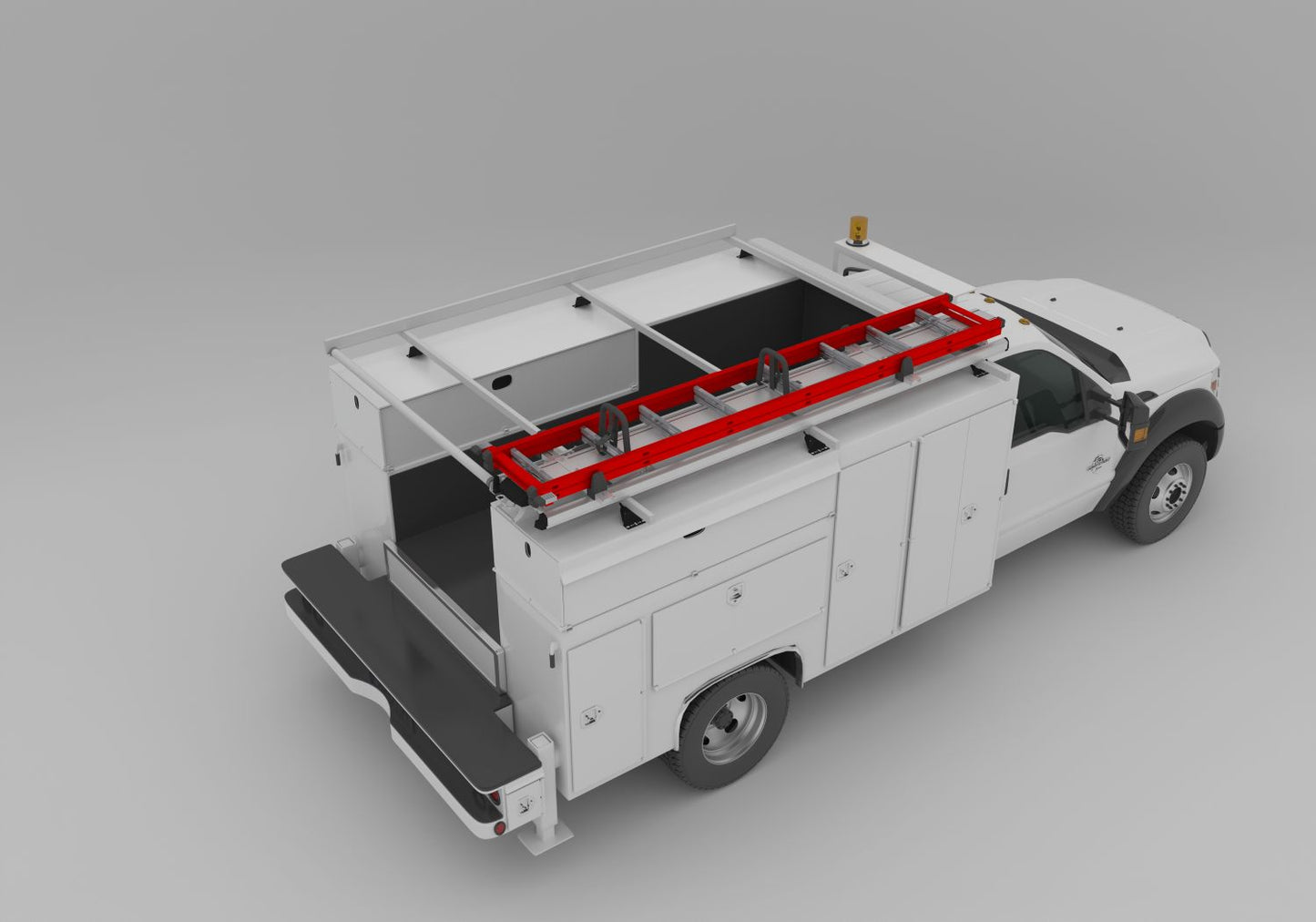 White utility truck with a red ladder on a drop down ladder rack with gray background