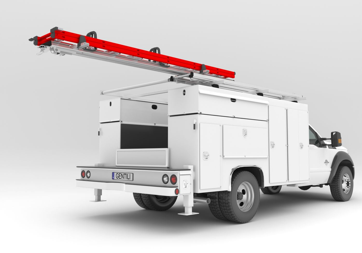 white service bed work truck with drop down ladder rack