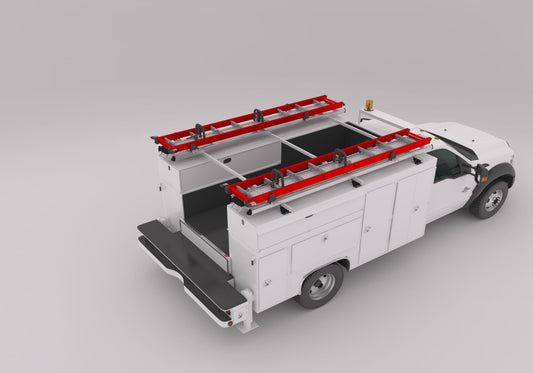 white work truck with red ladders on ladder rack