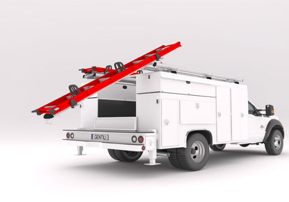 drop down ladder rack coming down on the rear of a white service body work truck