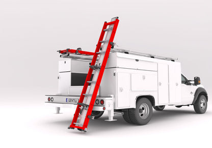 white service truck bed with two drop down ladder racks