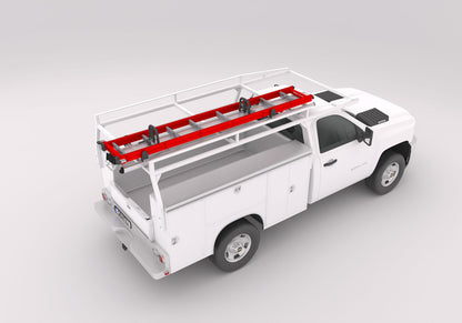 white work truck rack with red ladder on ladder rack