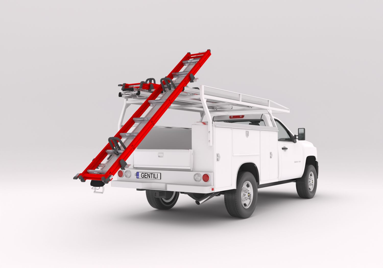 work truck with ladder rack that has a drop down ladder rack sliding rearward to the ground