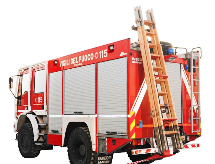 fire truck with rear ladder on drop down ladder rack