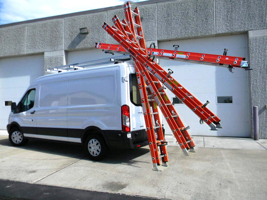 commercial fleet contractor ford transit white van with drop down ladder rack in motion