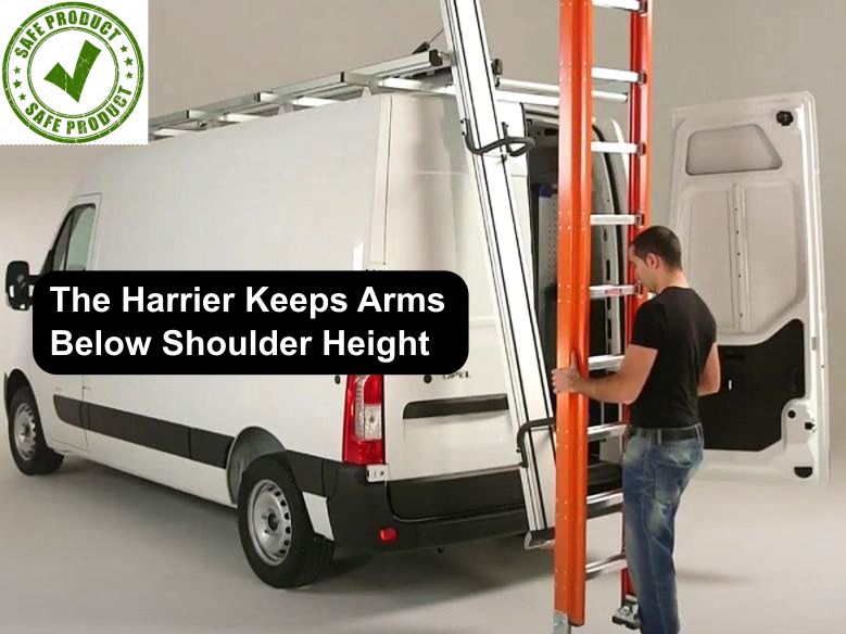 white work van with jobsite worker loading a drop down ladder rack