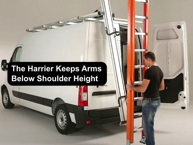 contractor loading drop down ladder rack on back of white cargo work van