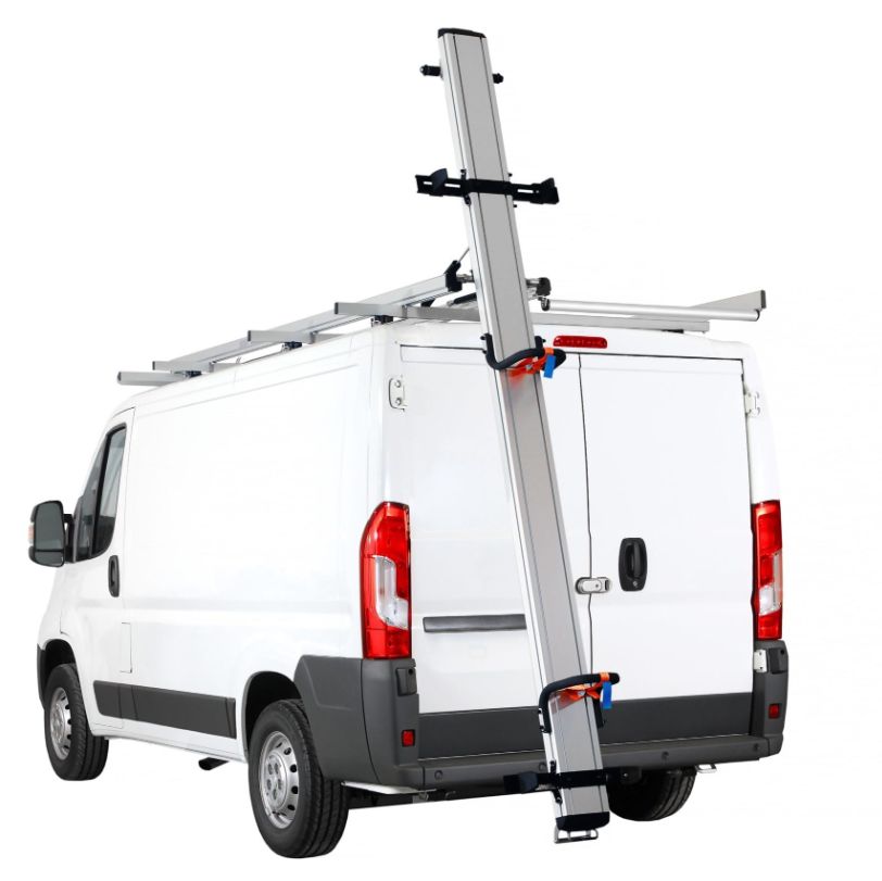 commercial white sprinter van with rear loading drop down ladder rack