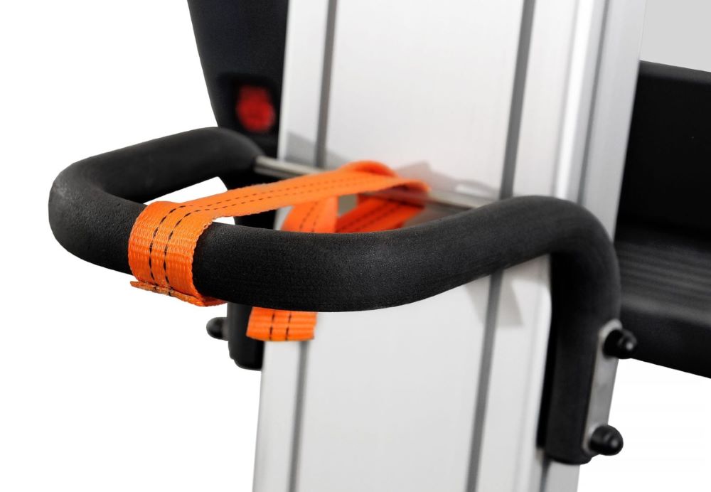 drop down ladder rack with orange straps attached to a vehicle