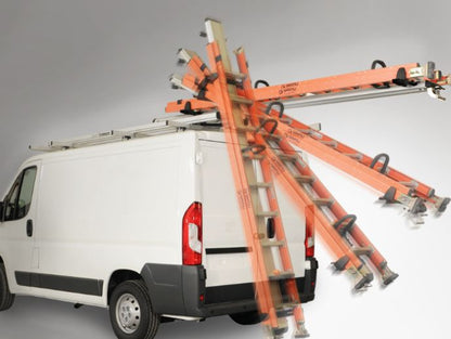 white ram promaster van with drop down ladder rack in motion