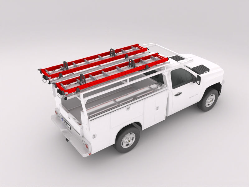 White contractor service bed commercial truck with two red ladders on drop down ladder rack on a gray background