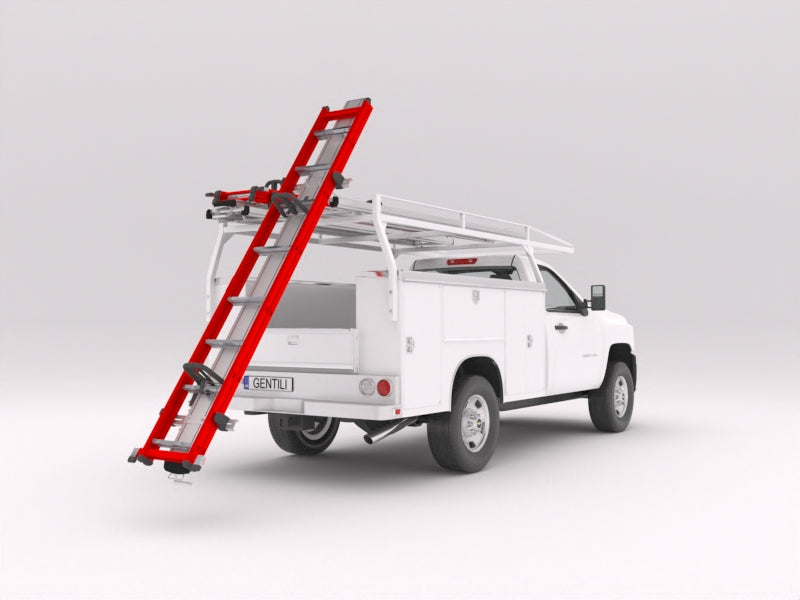 white commercial fleet reading service body work truck with drop down ladder rack